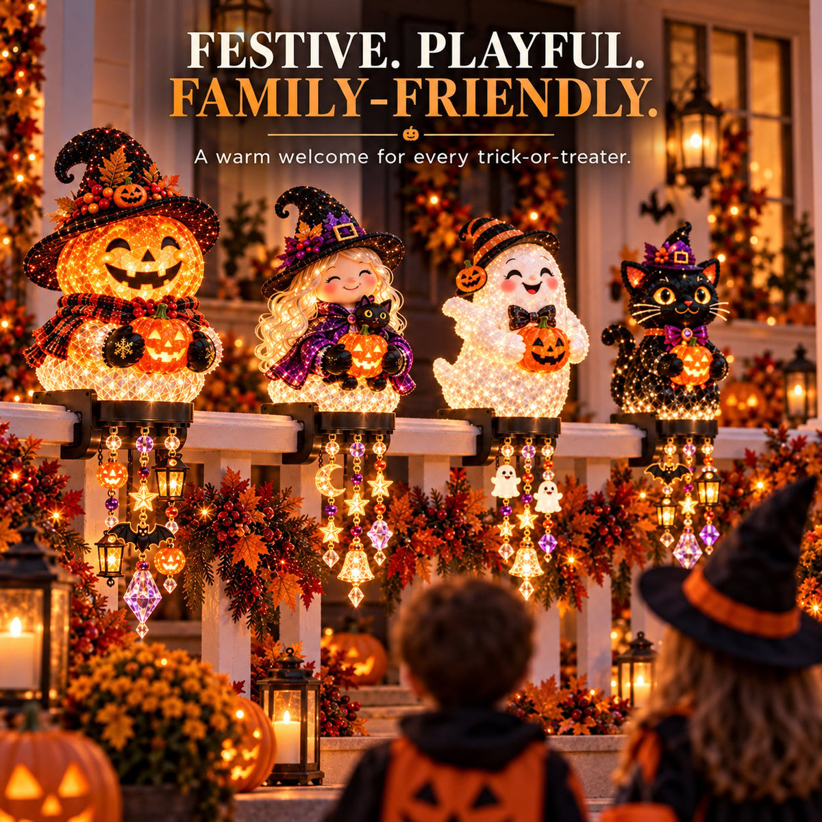 🎃 Halloween Porch Magic Cascade Railing Lights – Pumpkin, Witch, Ghost & Black Cat🎃🎃