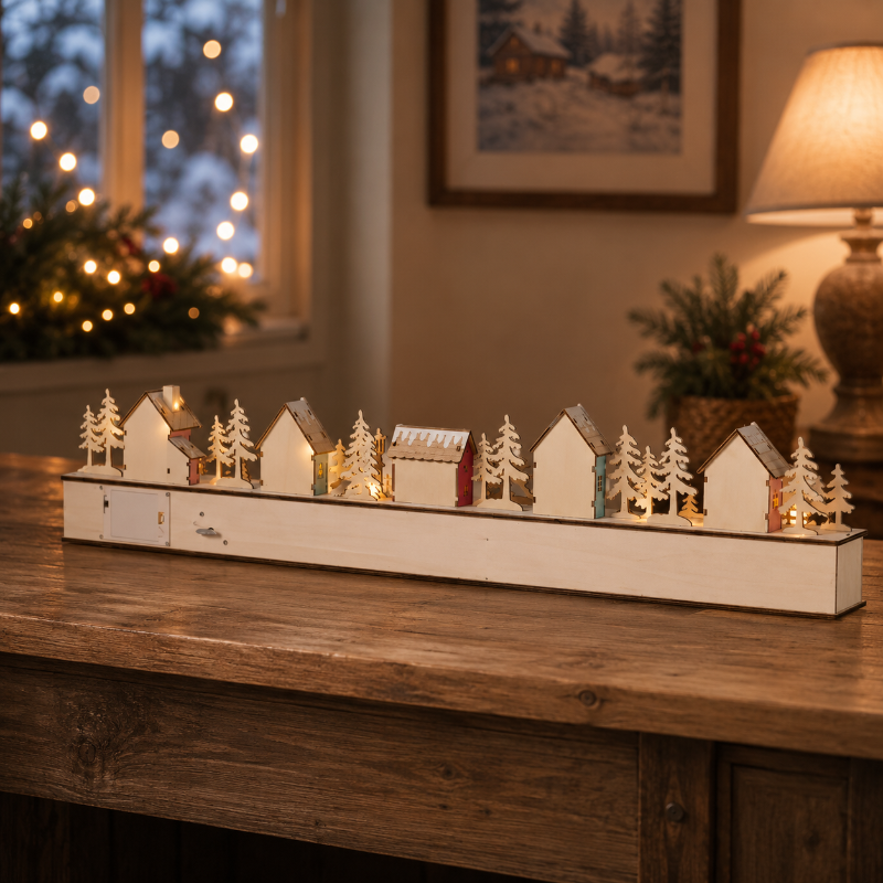 LELUMP™ Home Reflections Christmas Village Advent Calendar – DIY Wooden Countdown Decoration with LED Lights, Music & 24 Gift Drawers