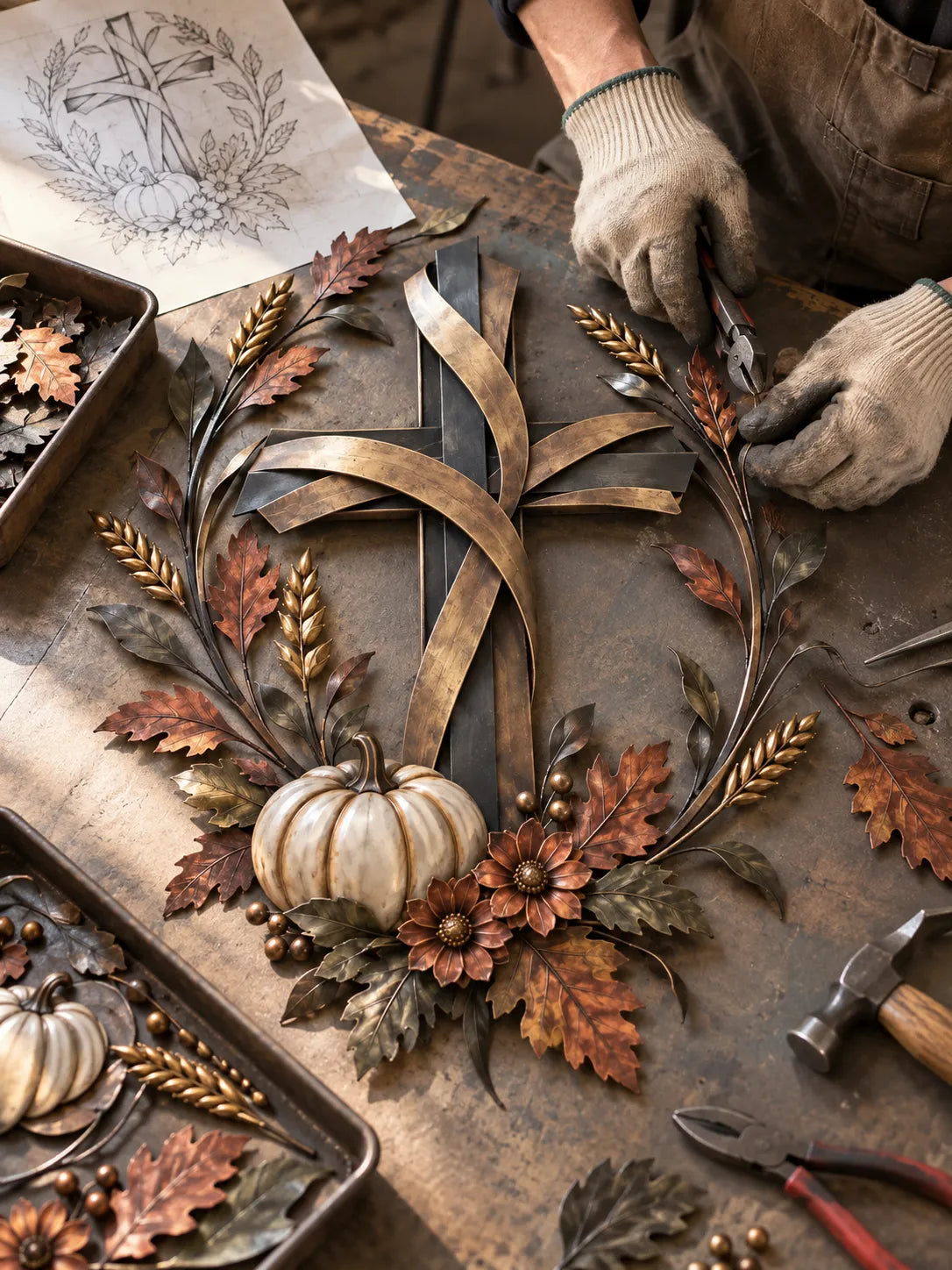 🎃Halloween Deal 50% OFF! ✝️🍂 Autumn Cross & Pumpkin Harvest Metal Wall Decor
