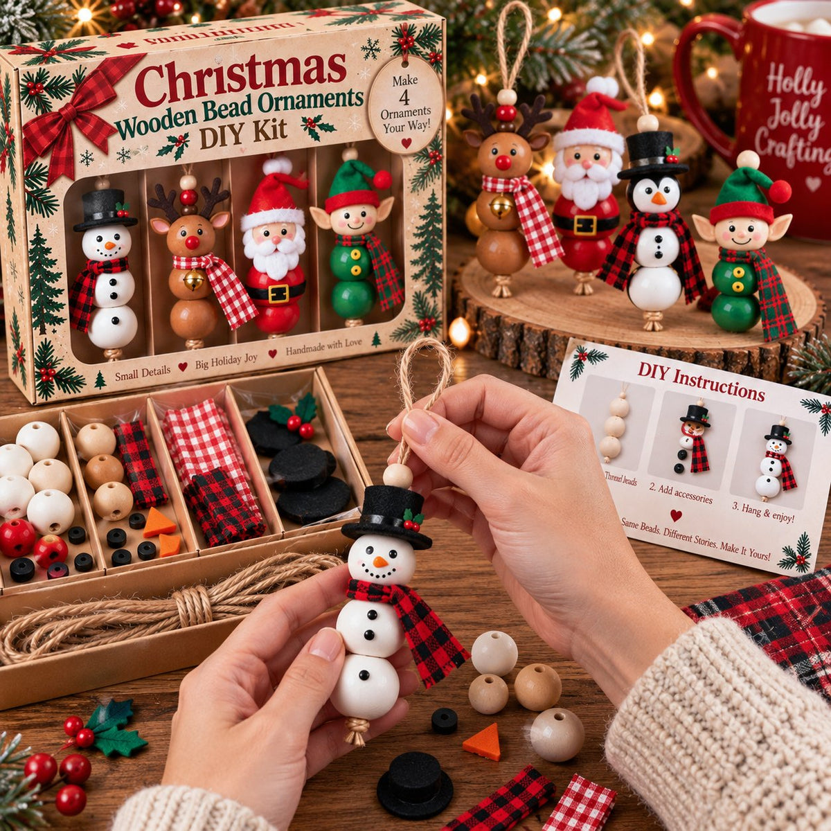 ๐ Christmas Wooden Bead Ornament DIY Kit โ Set of 4