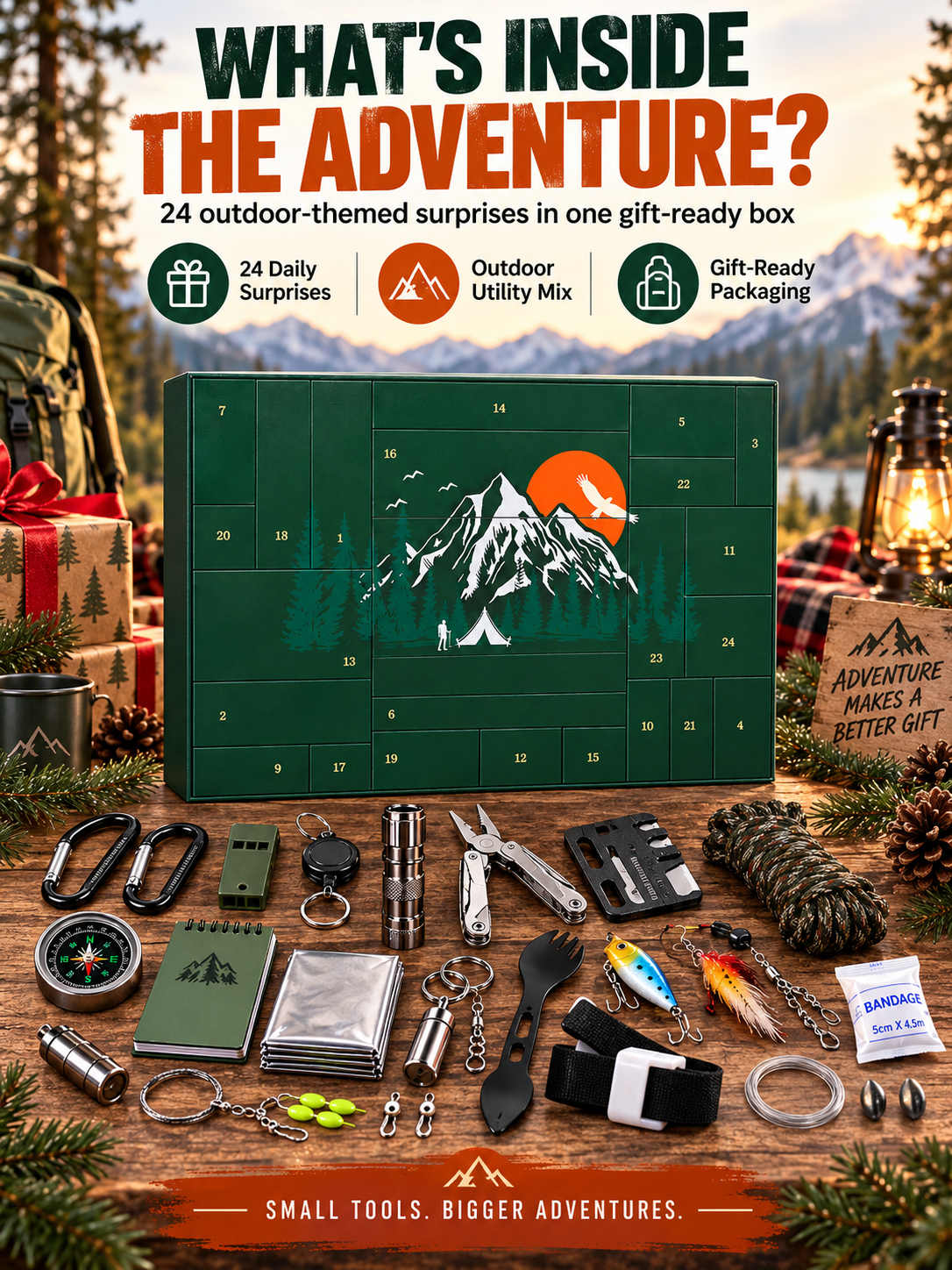🏕️ OUTDOOR LOVER FAVORITE | 24-Piece Camping Gear Advent Calendar – Christmas Countdown Gift for Adults