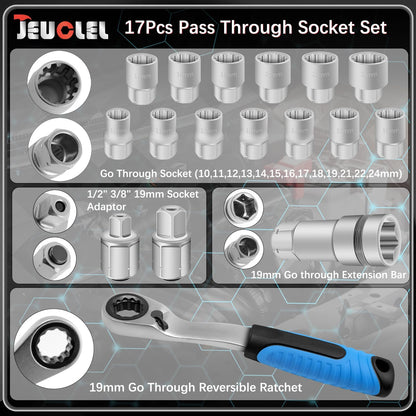 🔧 17-Piece Pass-Through Socket Set – Chrome Vanadium Steel Ratchet Kit for Long Bolts & Tight Spaces ⚙️