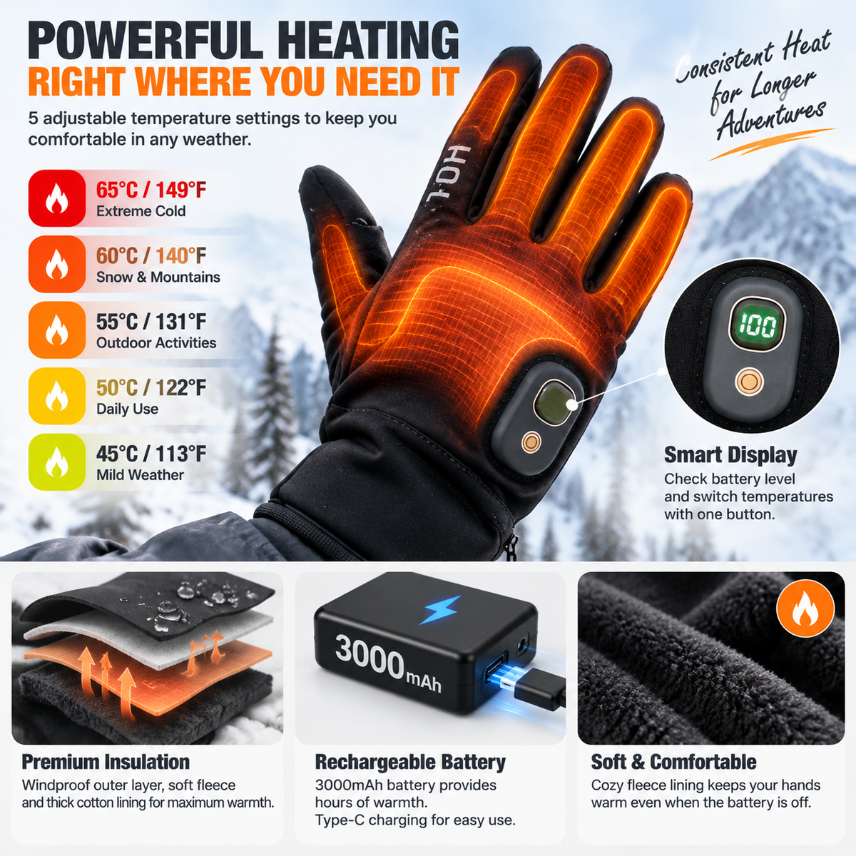 🔥 HOT SALE | Rechargeable Heated Gloves –  Touchscreen Winter Gloves with Adjustable Heat for Skiing, Hiking & Outdoor Use