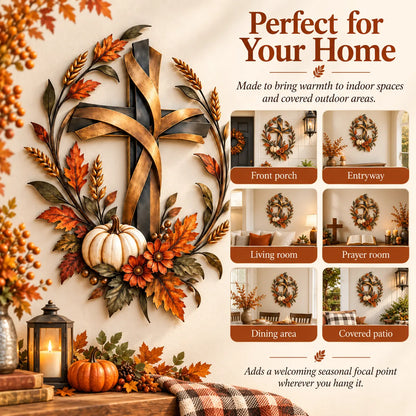 🎃Halloween Deal 50% OFF! ✝️🍂 Autumn Cross & Pumpkin Harvest Metal Wall Decor