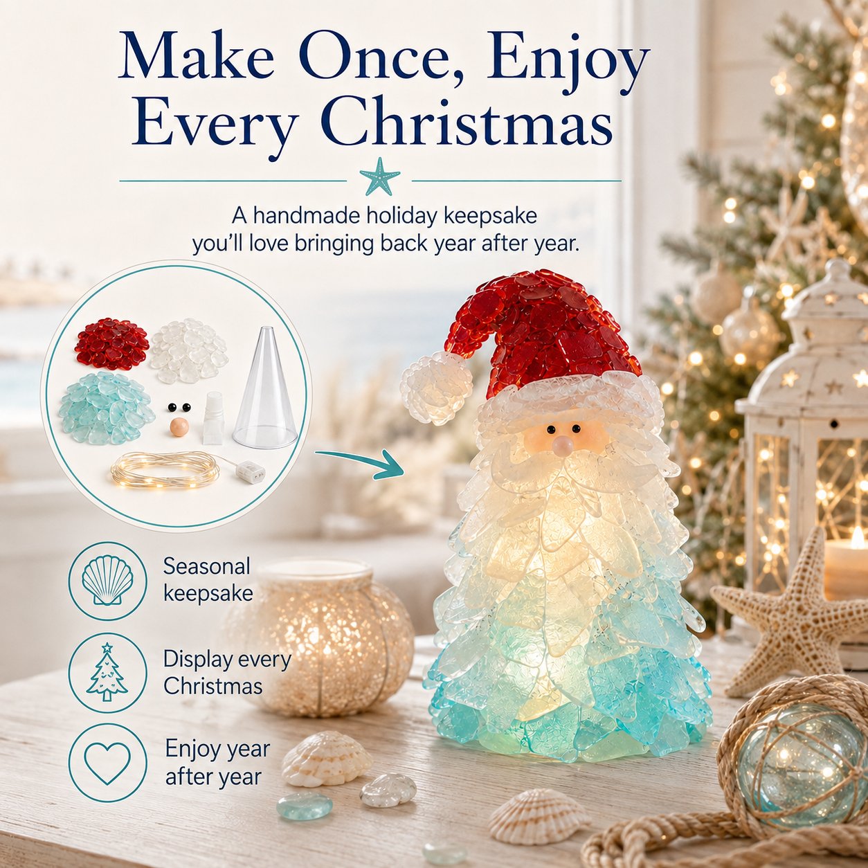 ⏳ Last Day 49% OFF – 🎅 Beginner-Friendly DIY Lighted Sea Glass Santa Christmas Decor Kit 💕