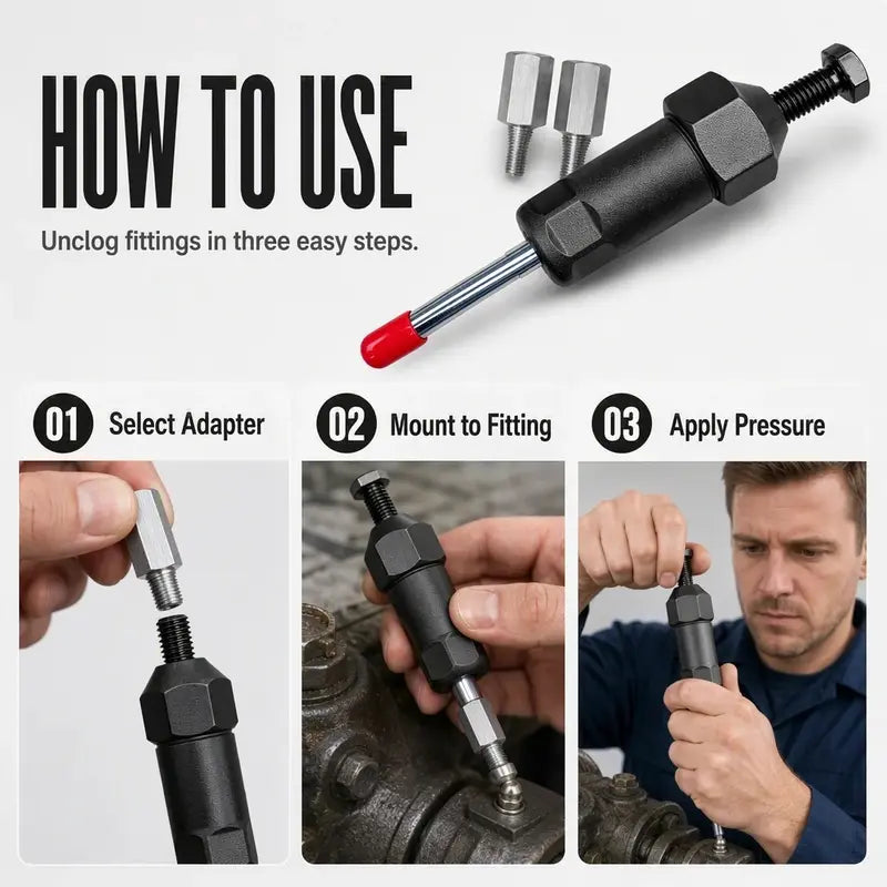 LELUMP™ Heavy-Duty Grease Fitting Cleaner – 600 PSI High-Pressure Grease Gun Unclogging Tool with M6/M8/M10 Adapters🔧