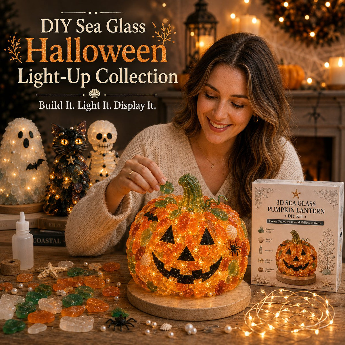 🔥😍 Last Day 49% OFF – 🎃 Beginner-Friendly DIY Lighted Sea Glass Halloween Character Kit Collection💕
