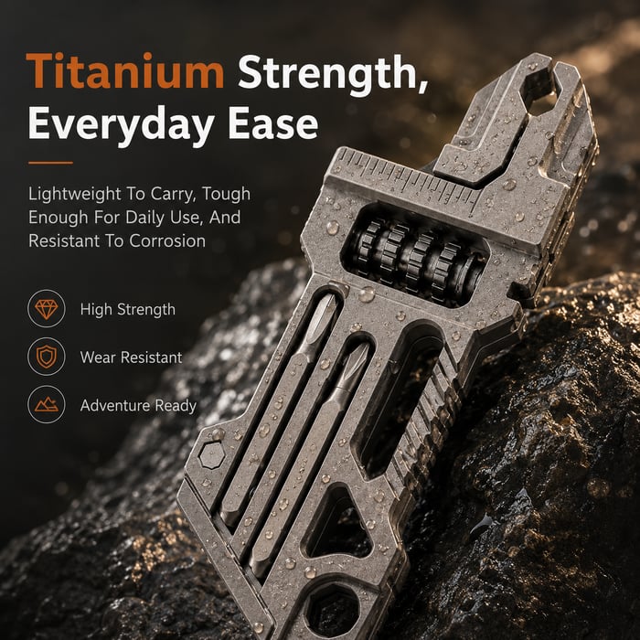 Titanium 8-in-1 Multi-Tool Keychain 8 essential tools in one pocket-sized keychain — ready to open, tighten, cut, and fix whatever the day throws at you.