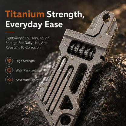 Titanium 8-in-1 Multi-Tool Keychain 8 essential tools in one pocket-sized keychain — ready to open, tighten, cut, and fix whatever the day throws at you.