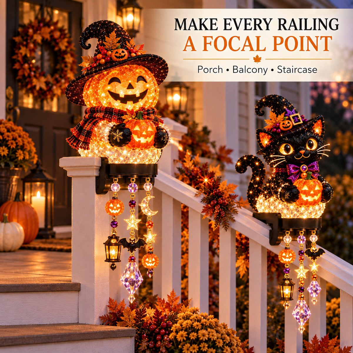 🎃 Halloween Porch Magic Cascade Railing Lights – Pumpkin, Witch, Ghost & Black Cat🎃🎃