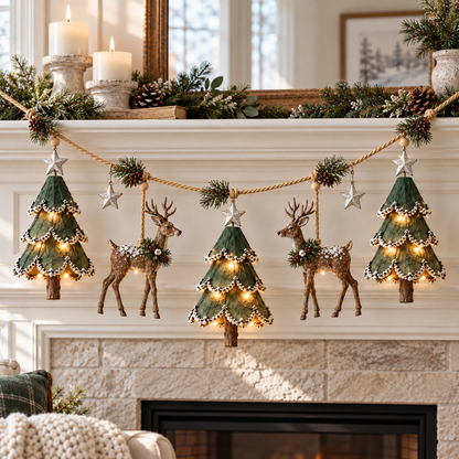 🎃Halloween Deal 50% OFF! Lighted Woodland Christmas Garland with Deer & Mini Tree Ornaments