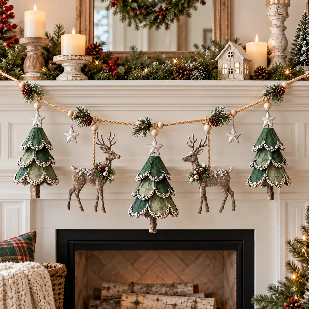 🎃Halloween Deal 50% OFF! Lighted Woodland Christmas Garland with Deer & Mini Tree Ornaments