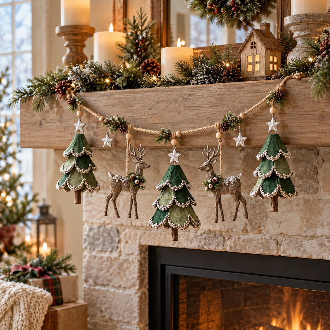 🎃Halloween Deal 50% OFF! Lighted Woodland Christmas Garland with Deer & Mini Tree Ornaments