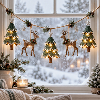 🎃Halloween Deal 50% OFF! Lighted Woodland Christmas Garland with Deer & Mini Tree Ornaments