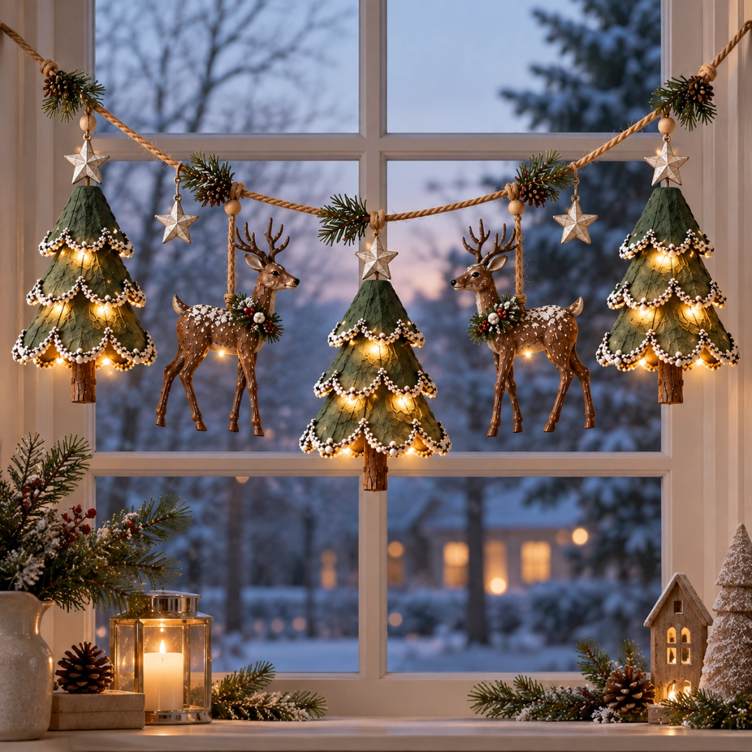 🎃Halloween Deal 50% OFF! Lighted Woodland Christmas Garland with Deer & Mini Tree Ornaments