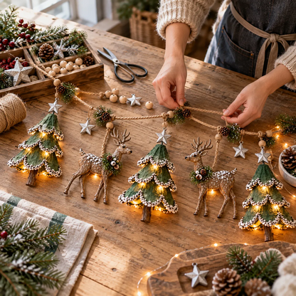🎃Halloween Deal 50% OFF! Lighted Woodland Christmas Garland with Deer & Mini Tree Ornaments