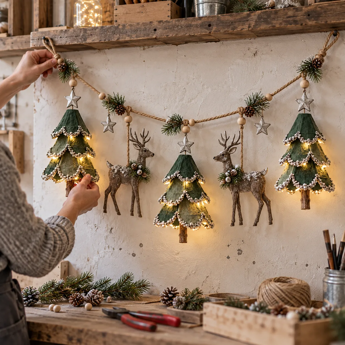 🎃Halloween Deal 50% OFF! Lighted Woodland Christmas Garland with Deer & Mini Tree Ornaments
