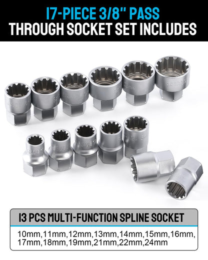 3/8” & 1/2” Drive Pass Through Socket Set, 17-Piece Metric Go-Thru Ratchet Kit, Low Profile for Long Bolts & Tight Spaces, Includes Extension Bar & Adapters, Cr-V Steel