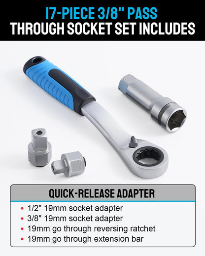 3/8” & 1/2” Drive Pass Through Socket Set, 17-Piece Metric Go-Thru Ratchet Kit, Low Profile for Long Bolts & Tight Spaces, Includes Extension Bar & Adapters, Cr-V Steel