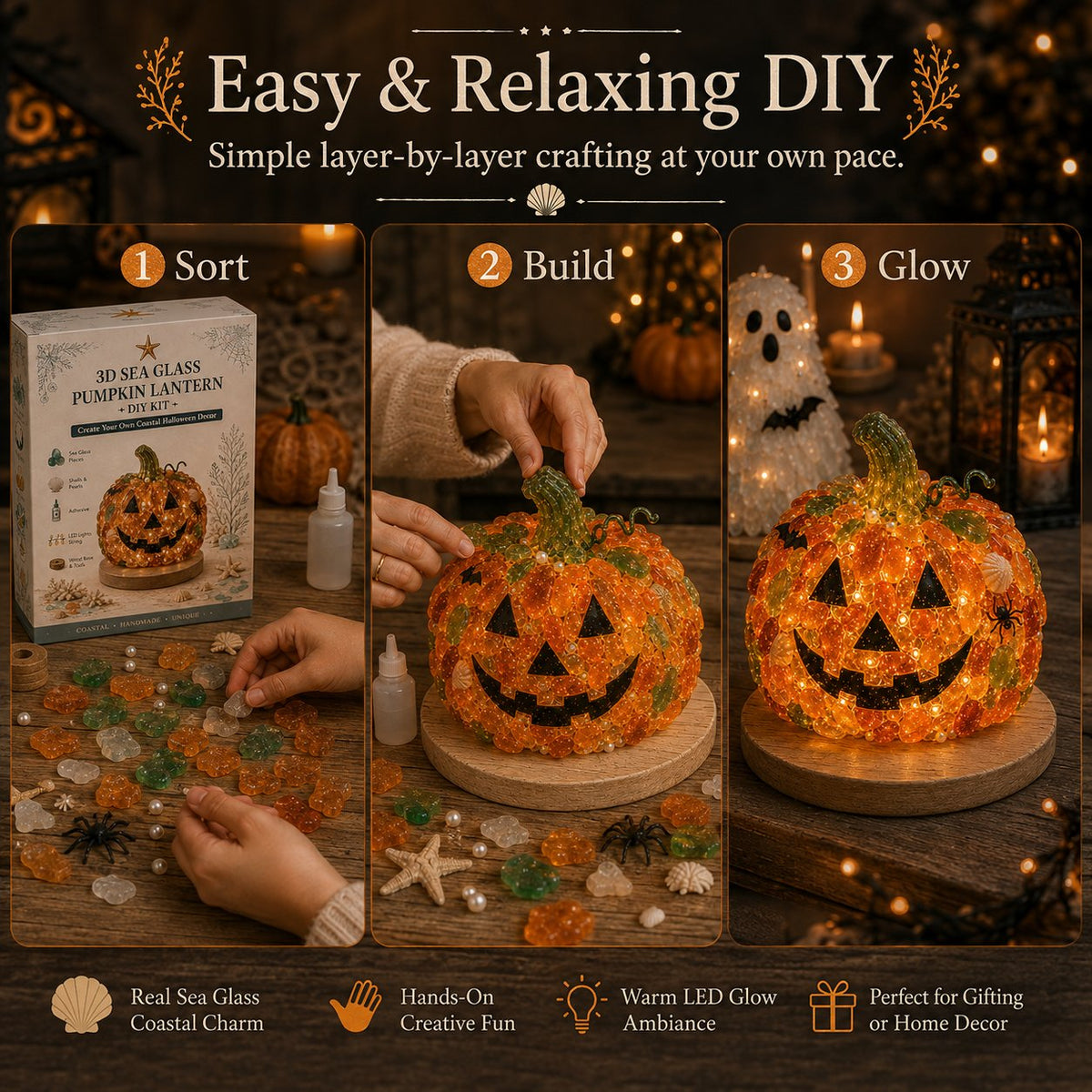 🔥😍 Last Day 49% OFF – 🎃 Beginner-Friendly DIY Lighted Sea Glass Halloween Character Kit Collection💕