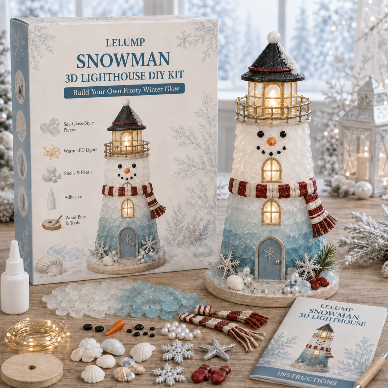 🎄Beginner-Friendly DIY Lighted Christmas Character Sea Glass-Style Lighthouse Kit Collection | Complete Kit with Sea Glass-Style Pieces, LED Lights & Step-by-Step Guide Included 💕