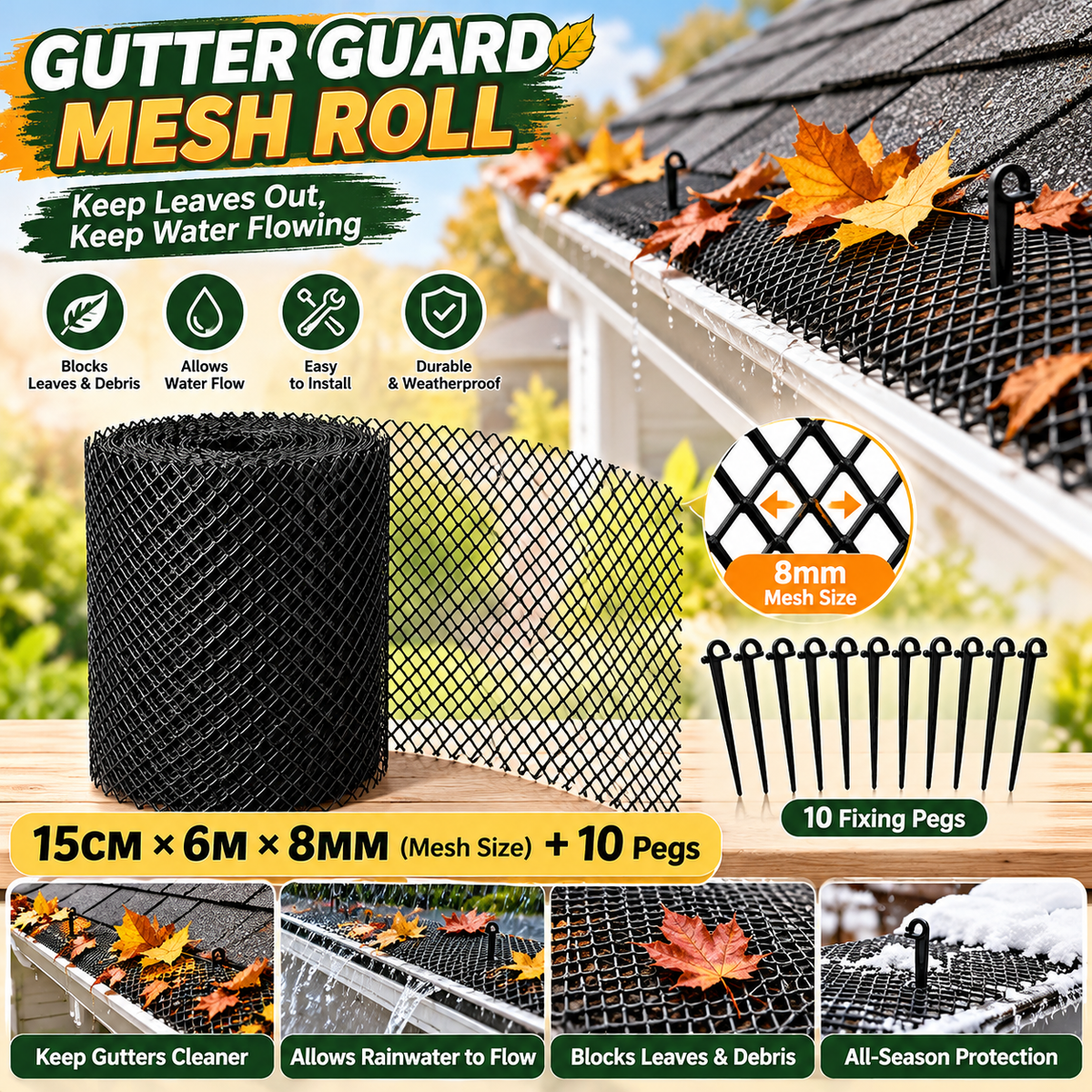 🎃Halloween Deal 50% OFF! Gutter Guard Mesh Roll – Leaf Filter Net with Fixing Pegs