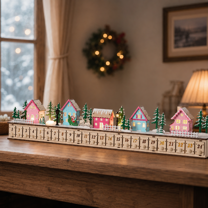 LELUMP™ Home Reflections Christmas Village Advent Calendar – DIY Wooden Countdown Decoration with LED Lights, Music & 24 Gift Drawers