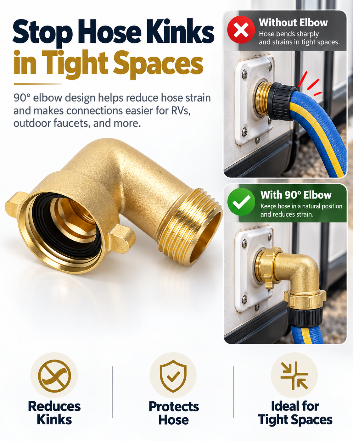 90° Brass Hose Elbow Connector 2-Pack – 3/4 - 11 1/2 NH connections , Lead-Free Solid Brass, Easy-Grip RV Water Hose Adapter for Outdoor Faucets