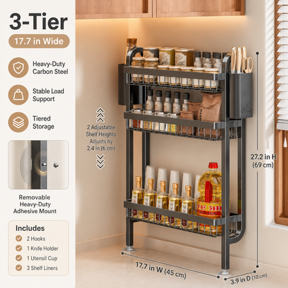 Clear the Clutter. Keep Everything Within Reach. 3 sturdy tiers that mount in minutes — no drilling, no wall damage, no wasted counter space.