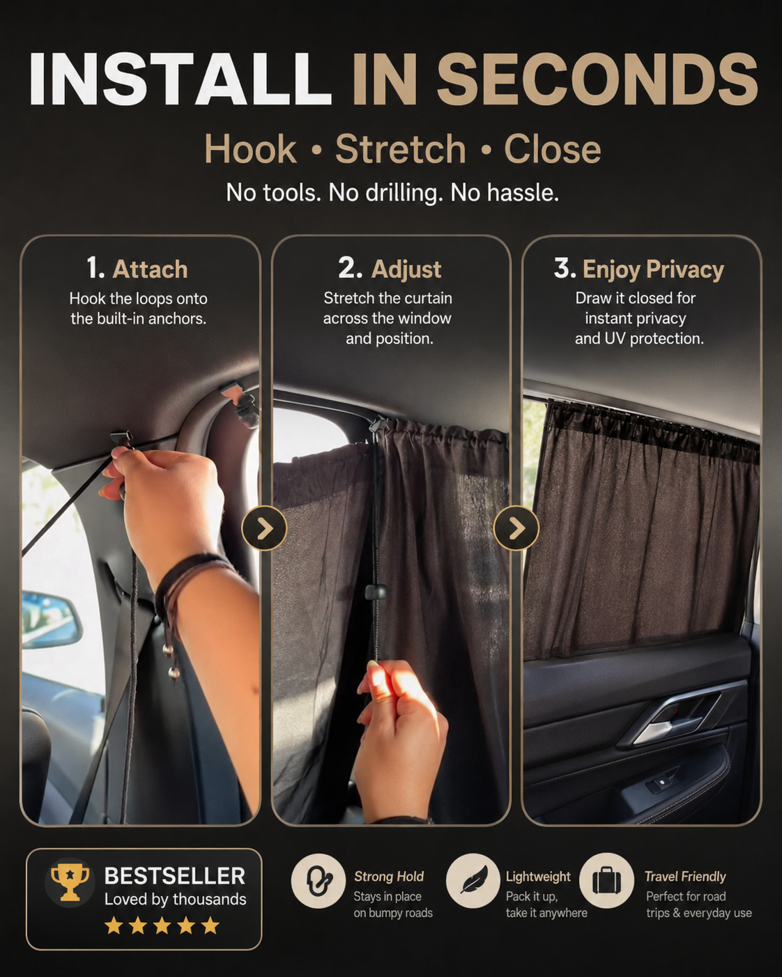 Sleep Anywhere. Zero Prying Eyes. Blackout car curtains that install in 10 seconds — no drilling, no tools, no permanent damage to your vehicle.