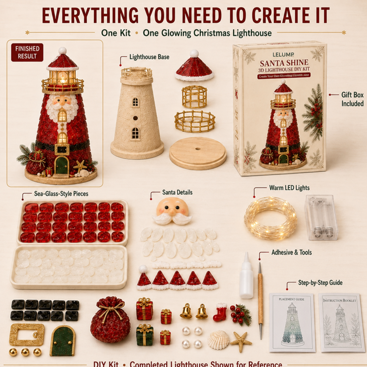 🎄Beginner-Friendly DIY Lighted Christmas Character Sea Glass-Style Lighthouse Kit Collection | Complete Kit with Sea Glass-Style Pieces, LED Lights & Step-by-Step Guide Included 💕