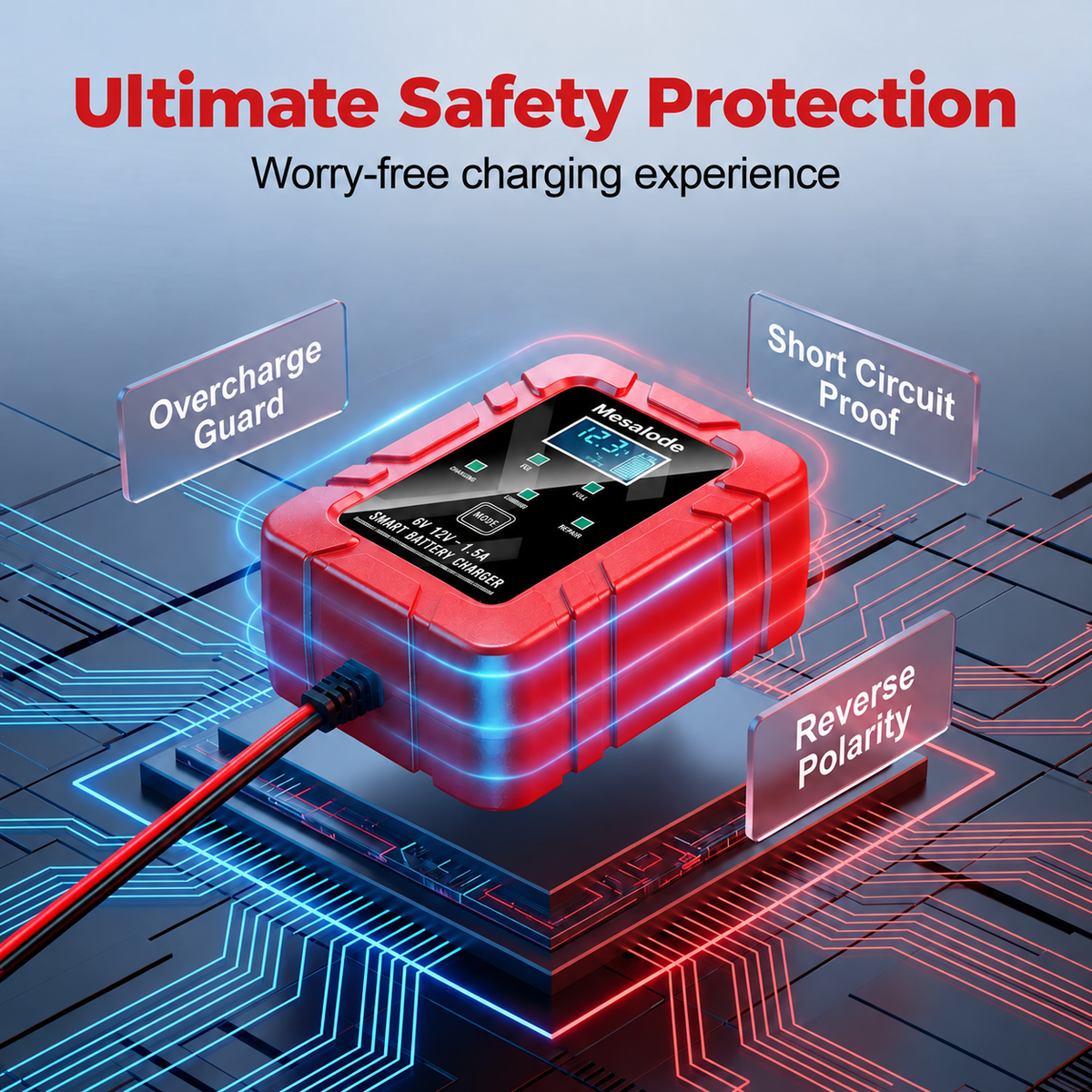 1.5A 6V/12V Smart Battery Charger – LCD Display & Battery Repair Mode