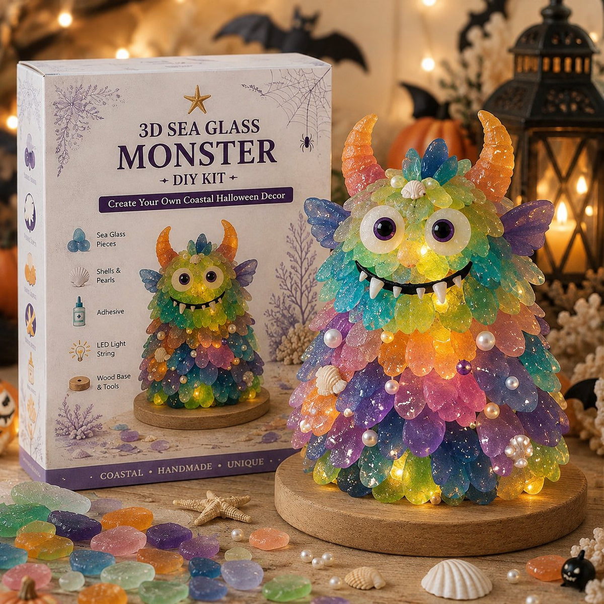 🔥😍 Last Day 49% OFF – 🎃 Beginner-Friendly DIY Lighted Sea Glass Halloween Character Kit Collection💕