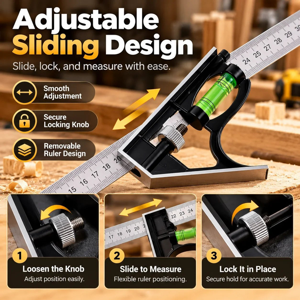 🔨Precision Combination Square Tool – 300mm Adjustable Carpenter Square with Built-In Level & Scriber for Woodworking DIY Projects