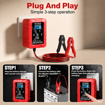 1.5A 6V/12V Smart Battery Charger – LCD Display & Battery Repair Mode
