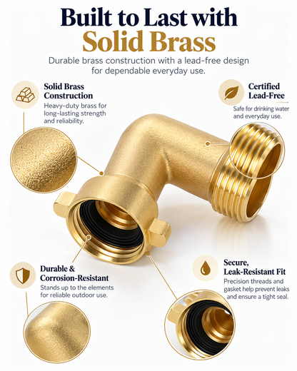 90° Brass Hose Elbow Connector 2-Pack – 3/4 - 11 1/2 NH connections , Lead-Free Solid Brass, Easy-Grip RV Water Hose Adapter for Outdoor Faucets