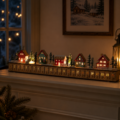LELUMP™ Home Reflections Christmas Village Advent Calendar – DIY Wooden Countdown Decoration with LED Lights, Music & 24 Gift Drawers
