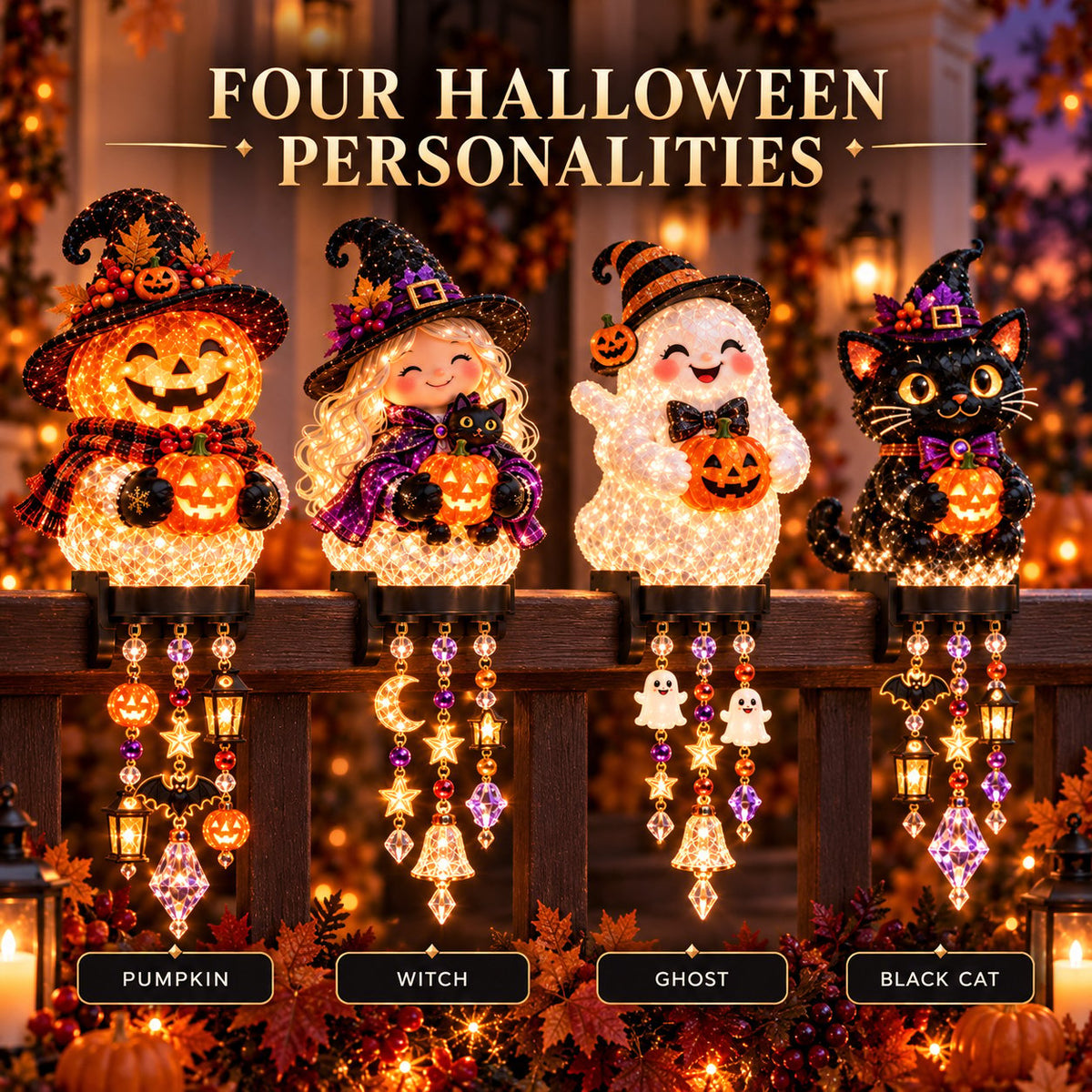 🎃 Halloween Porch Magic Cascade Railing Lights – Pumpkin, Witch, Ghost & Black Cat🎃🎃