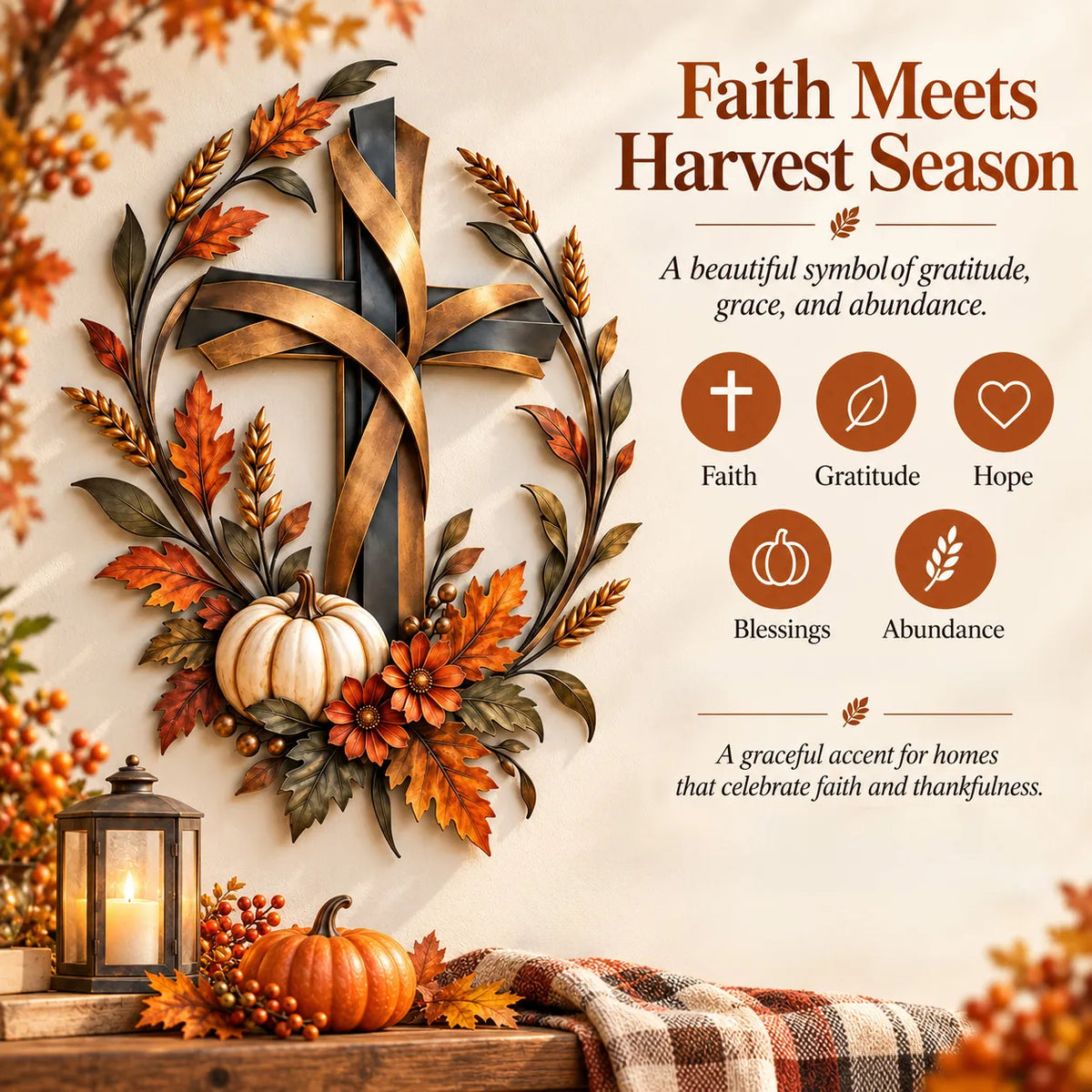 🎃Halloween Deal 50% OFF! ✝️🍂 Autumn Cross & Pumpkin Harvest Metal Wall Decor