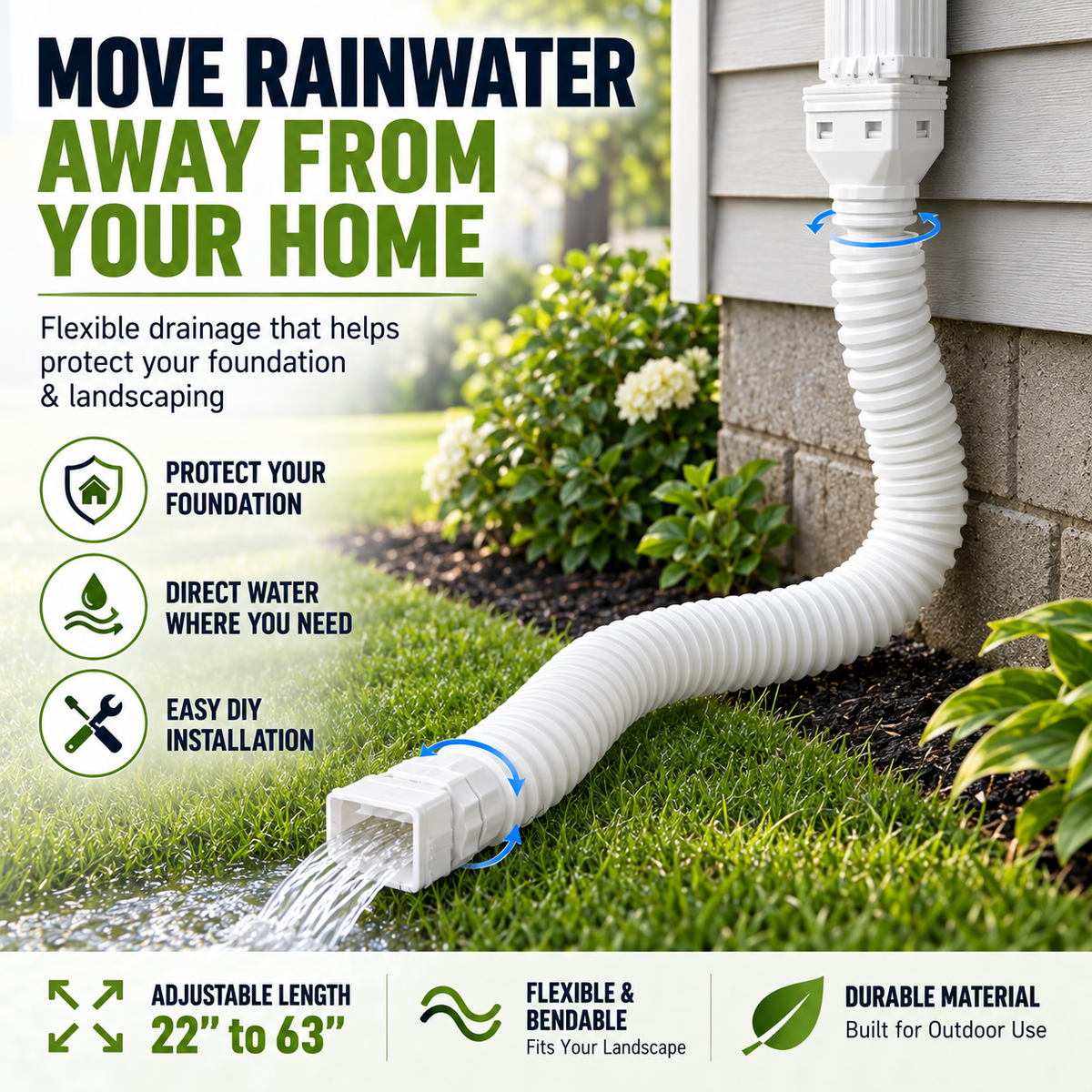 🏡 Flexible Rain Gutter Downspout Extension Kit  – Adjustable 22"-63" Drain Pipe with Leaf Filter for Foundation Protection