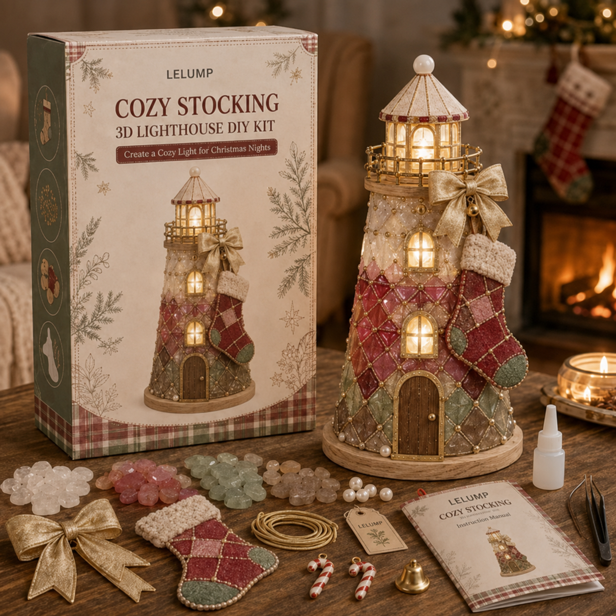 🎄Beginner-Friendly DIY Lighted Christmas Character Sea Glass-Style Lighthouse Kit Collection | Complete Kit with Sea Glass-Style Pieces, LED Lights & Step-by-Step Guide Included 💕