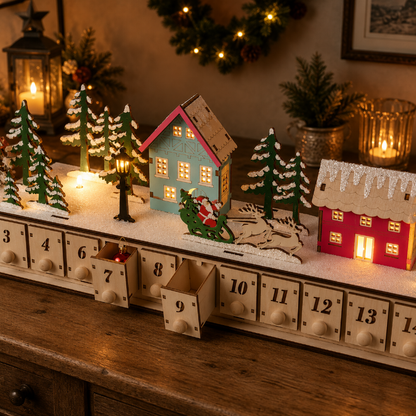 LELUMP™ Home Reflections Christmas Village Advent Calendar – DIY Wooden Countdown Decoration with LED Lights, Music & 24 Gift Drawers