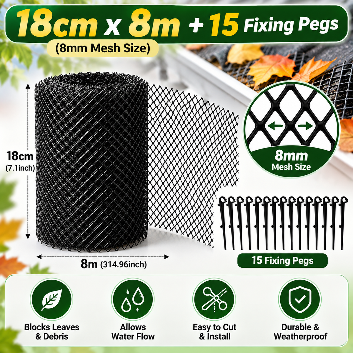 🎃Halloween Deal 50% OFF! Gutter Guard Mesh Roll – Leaf Filter Net with Fixing Pegs