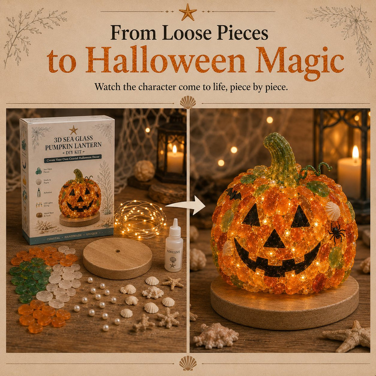 🔥😍 Last Day 49% OFF – 🎃 Beginner-Friendly DIY Lighted Sea Glass Halloween Character Kit Collection💕