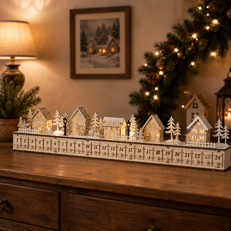 LELUMP™ Home Reflections Christmas Village Advent Calendar – DIY Wooden Countdown Decoration with LED Lights, Music & 24 Gift Drawers