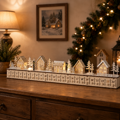 LELUMP™ Home Reflections Christmas Village Advent Calendar – DIY Wooden Countdown Decoration with LED Lights, Music & 24 Gift Drawers