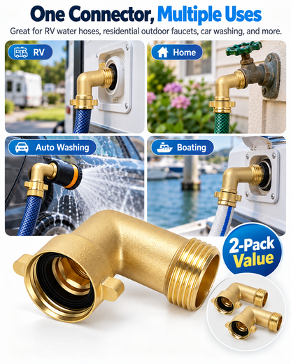 90° Brass Hose Elbow Connector 2-Pack – 3/4 - 11 1/2 NH connections , Lead-Free Solid Brass, Easy-Grip RV Water Hose Adapter for Outdoor Faucets