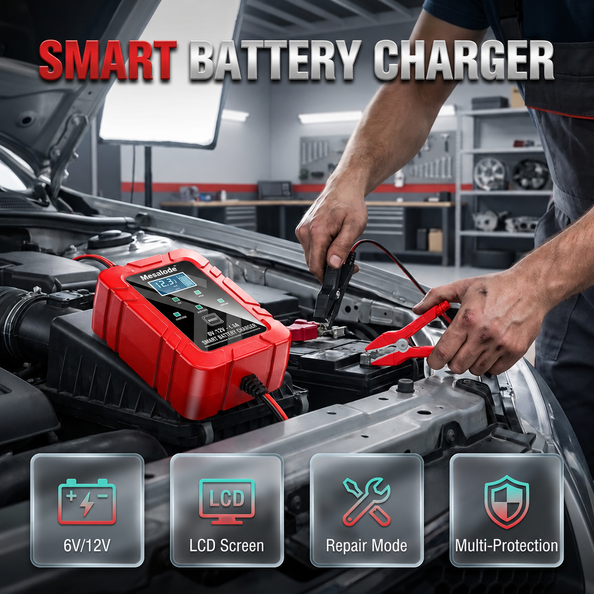 1.5A 6V/12V Smart Battery Charger – LCD Display & Battery Repair Mode
