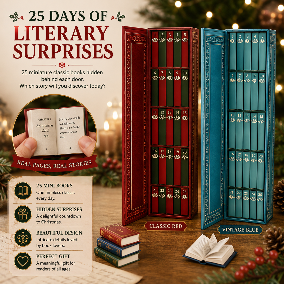 📚 25-Day Book Advent Calendar – 25 Openable Mini Book Ornaments