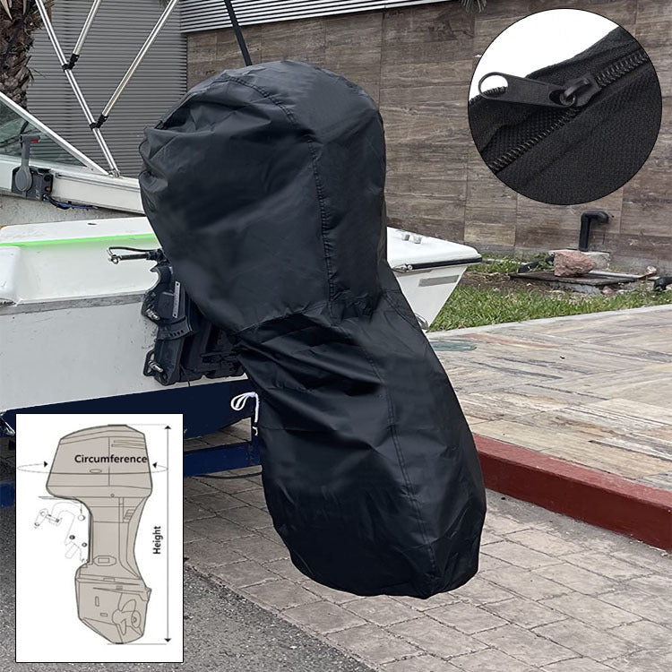 Full-length black outboard motor cover installed on a boat with zipper and measurement insets